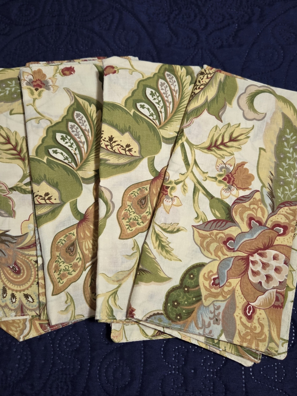 Hand Crafted Green and Cream Floral Cotton Napkins